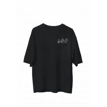 Bisiklet Yaka Baskılı Oversize T-Shirt - Siyah -