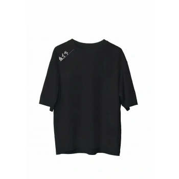 Bisiklet Yaka Baskılı Oversize T-Shirt - Siyah -