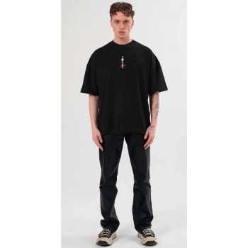 Bisiklet Yaka Baskılı Oversize T-Shirt - Siyah -