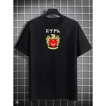 Bisiklet Yaka Baskılı Oversize T-Shirt - Siyah -