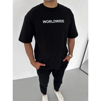 Bisiklet Yaka Baskılı Oversize T-Shirt - Siyah -