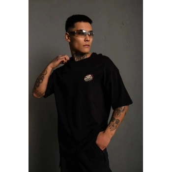 Bisiklet Yaka Baskılı Oversize T-Shirt - Siyah -