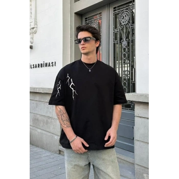 Bisiklet Yaka Baskılı Oversize T-Shirt - Siyah -