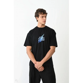 Bisiklet Yaka Baskılı Oversize T-Shirt - Siyah -