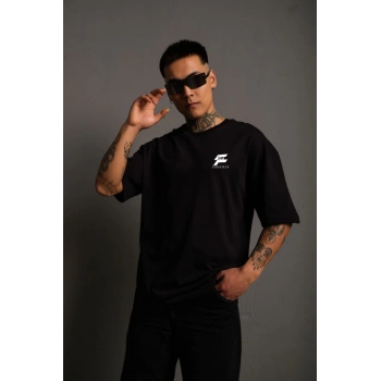 Bisiklet Yaka Baskılı Oversize T-Shirt - Siyah -