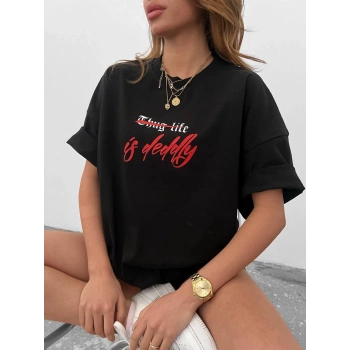 Bisiklet Yaka Baskılı Oversize T-Shirt - Siyah -