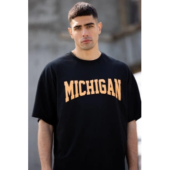 Bisiklet Yaka Baskılı Oversize T-Shirt - Siyah -