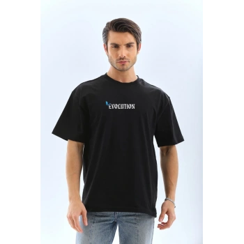 Bisiklet Yaka Baskılı Oversize T-Shirt - Siyah -