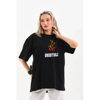 Bisiklet Yaka Baskılı Oversize T-Shirt - Siyah -