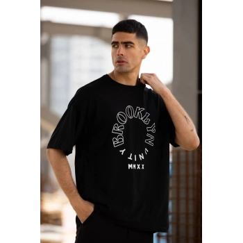 Bisiklet Yaka Baskılı Oversize T-Shirt - Siyah -