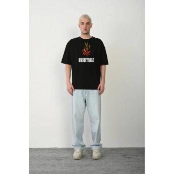 Bisiklet Yaka Baskılı Oversize T-Shirt - Siyah -