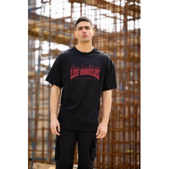 Bisiklet Yaka Baskılı Oversize T-Shirt - Siyah -