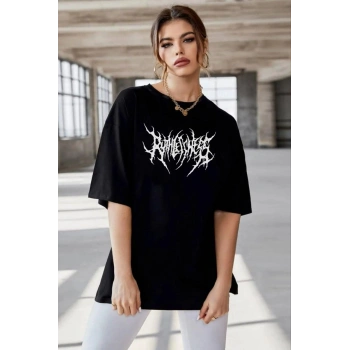 Bisiklet Yaka Baskılı Oversize T-Shirt - Siyah -