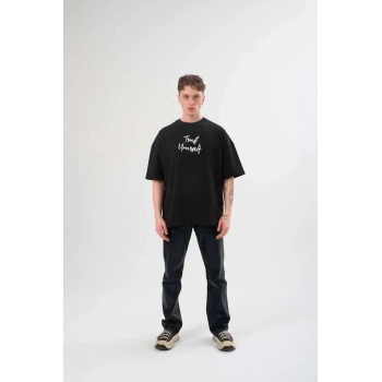 Bisiklet Yaka Baskılı Oversize T-Shirt - Siyah -