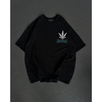 Bisiklet Yaka Baskılı Oversize T-Shirt - Siyah -