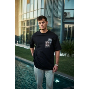 Bisiklet Yaka Baskılı Oversize T-Shirt - Siyah -