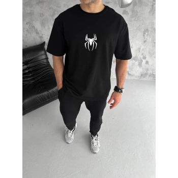 Bisiklet Yaka Baskılı Oversize T-Shirt - Siyah -