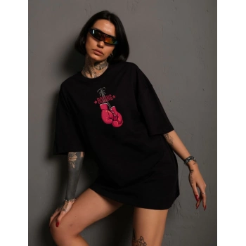 Bisiklet Yaka Baskılı Oversize T-Shirt - Siyah -