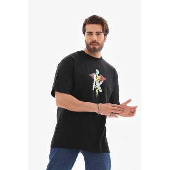 Bisiklet Yaka Baskılı Oversize T-Shirt - Siyah -