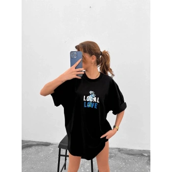 Bisiklet Yaka Baskılı Oversize T-Shirt - Siyah -