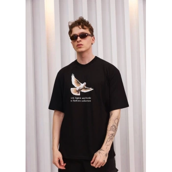 Bisiklet Yaka Baskılı Oversize T-Shirt - Siyah -