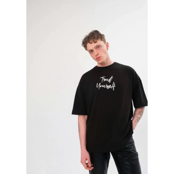 Bisiklet Yaka Baskılı Oversize T-Shirt - Siyah -