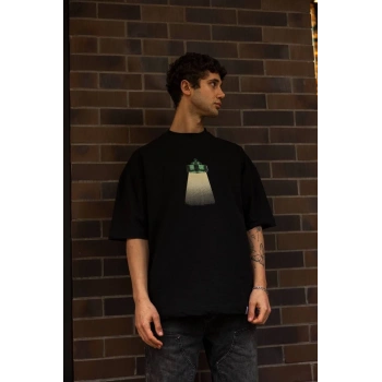 Bisiklet Yaka Baskılı Oversize T-Shirt - Siyah -