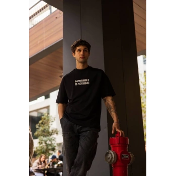 Bisiklet Yaka Baskılı Oversize T-Shirt - Siyah -