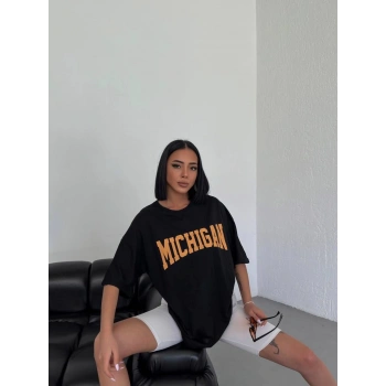 Bisiklet Yaka Baskılı Oversize T-Shirt - Siyah -