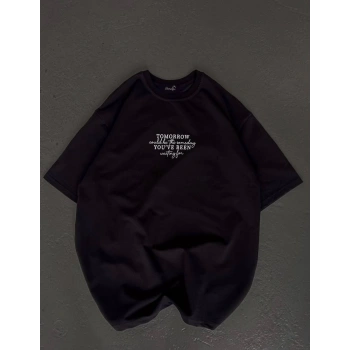 Bisiklet Yaka Baskılı Oversize T-Shirt - Siyah -