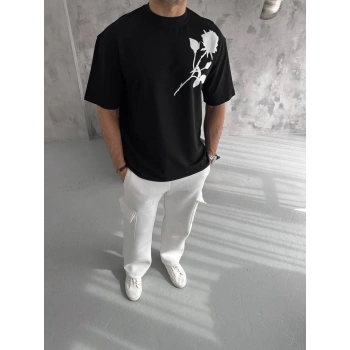 Bisiklet Yaka Baskılı Oversize T-Shirt - Siyah -