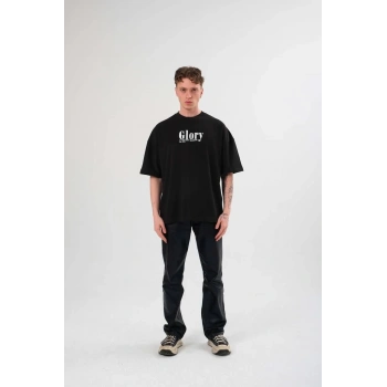 Bisiklet Yaka Baskılı Oversize T-Shirt - Siyah -