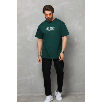 Bisiklet Yaka Baskılı Oversize T-Shirt - Yeşil -