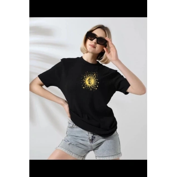 Bisiklet Yaka Baskılı T-Shirt - Siyah -