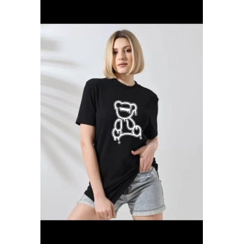 Bisiklet Yaka Baskılı T-Shirt - Siyah -