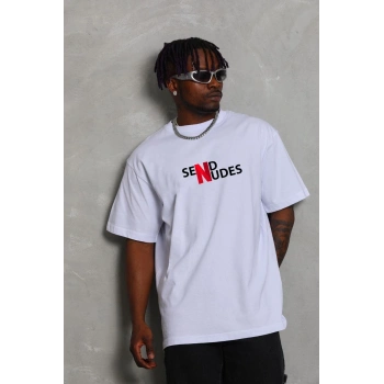 Bisiklet Yaka Double Oversize Baskılı T-Shirt - Beyaz -