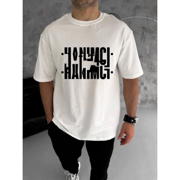 Bisiklet Yaka Katlanan Baskılı T-Shirt - Beyaz -