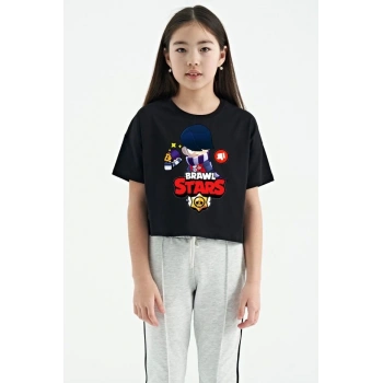 Bisiklet Yaka Kısa Kol Baskılı   T-Shirt - Siyah -
