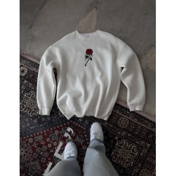 Bisiklet Yaka Ön Ve Arka Baskılı SweatShirt - Beyaz -