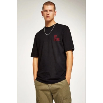 Bisiklet Yaka Oversize Baskılı T-Shirt - Siyah -