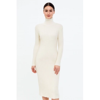 Boğazlı Triko Elbise - Beyaz -