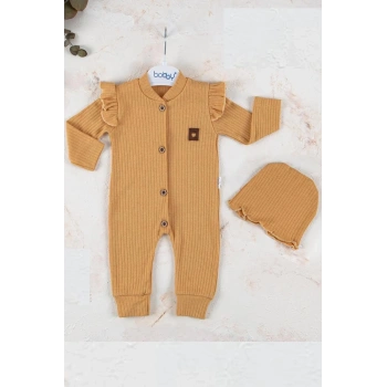 Boydan Düğmeli Şapkalı % 100 Pamuk Kız Bebek Tulumu