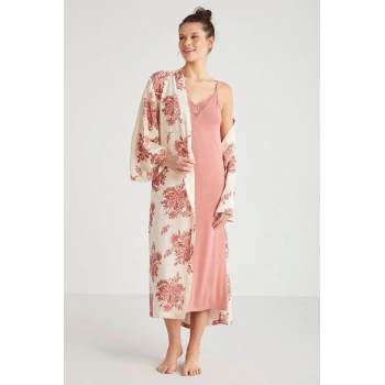 Catherines %100 Viskon Çiçek Desen 2li Sabahlık Gecelik Takımı