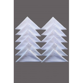 Çiçek İşlemeli Bayan Mendili 12 Adet 28x28 cm 100 Pamuk