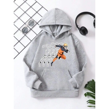 Çocuk   Kapüşonlu Naruto Baskılı Pamuklu Sweatshirt - Gri
