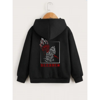 Çocuk   Kapüşonlu Ön ve Arka Blessed Baskılı Sweatshirt - Siyah