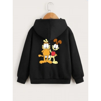 Çocuk   Kapüşonlu Ön ve Arka Garfield Baskılı Sweatshirt - Siyah