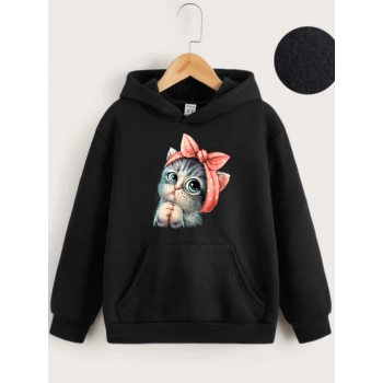 Çocuk   Kapüşonlu Tatlı Kedi Baskılı Sweatshirt - Siyah