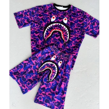 Dijital Baskılı Şortlu Takım - Mor -