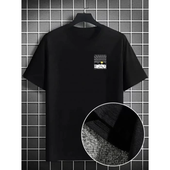 Erkek Dağ Grafikli Tişört, Yaz için Büyük Beden Rahat T-shirt - Siyah